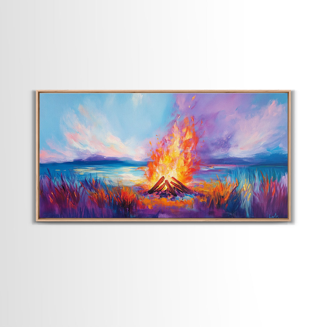 Bonfire at Sunset, Coastal Wall Art, Pink Orange Wall Art, Extra Wide Art, Horizontal Wall Art, Framed Canvas Print, Moody Art