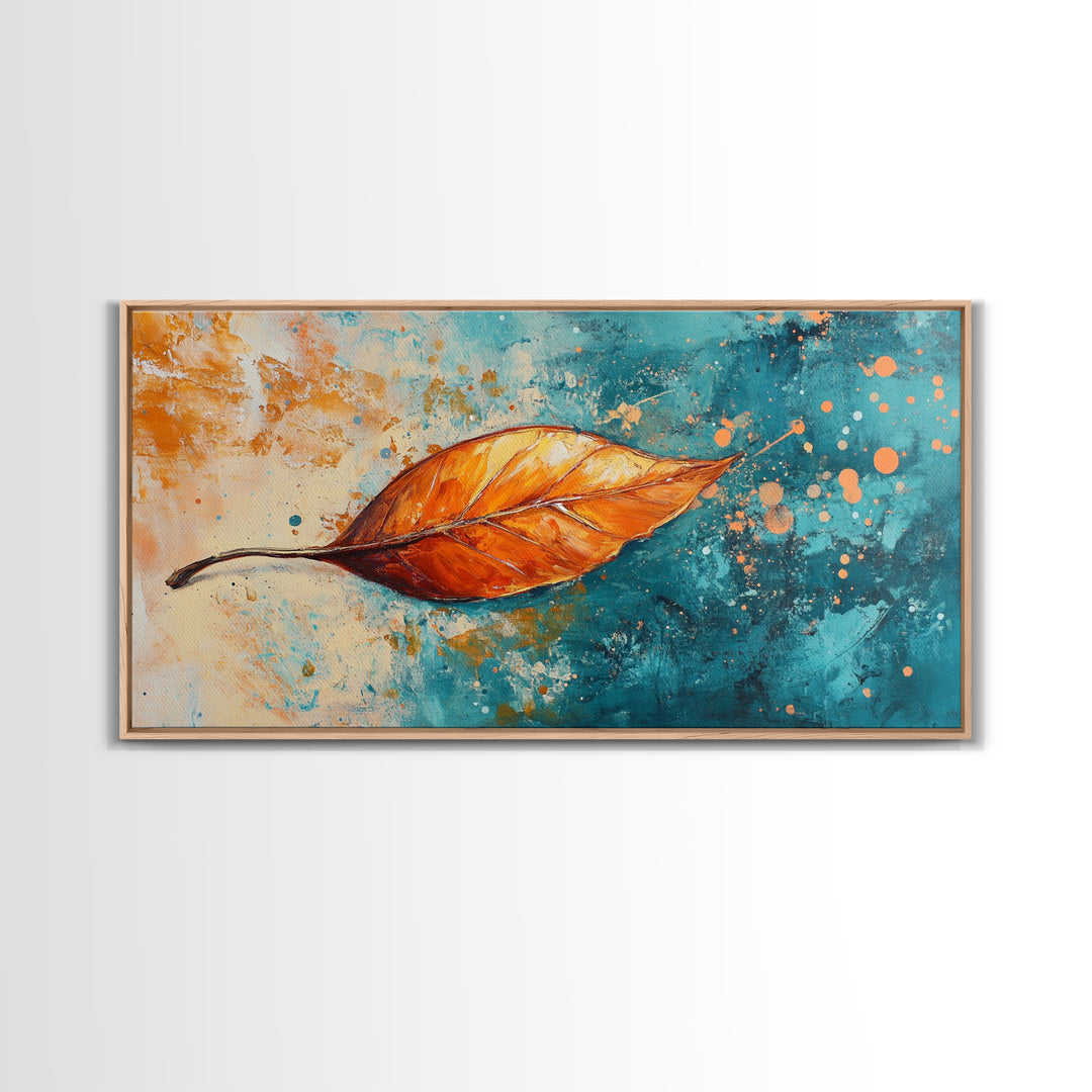 Autumn Leaf, fall painting, teal wall art, botanical prints, moody art, textured painting, gift idea for her, Canvas Print
