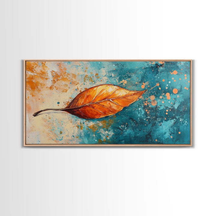 Autumn Leaf, fall painting, teal wall art, botanical prints, moody art, textured painting, gift idea for her, Canvas Print