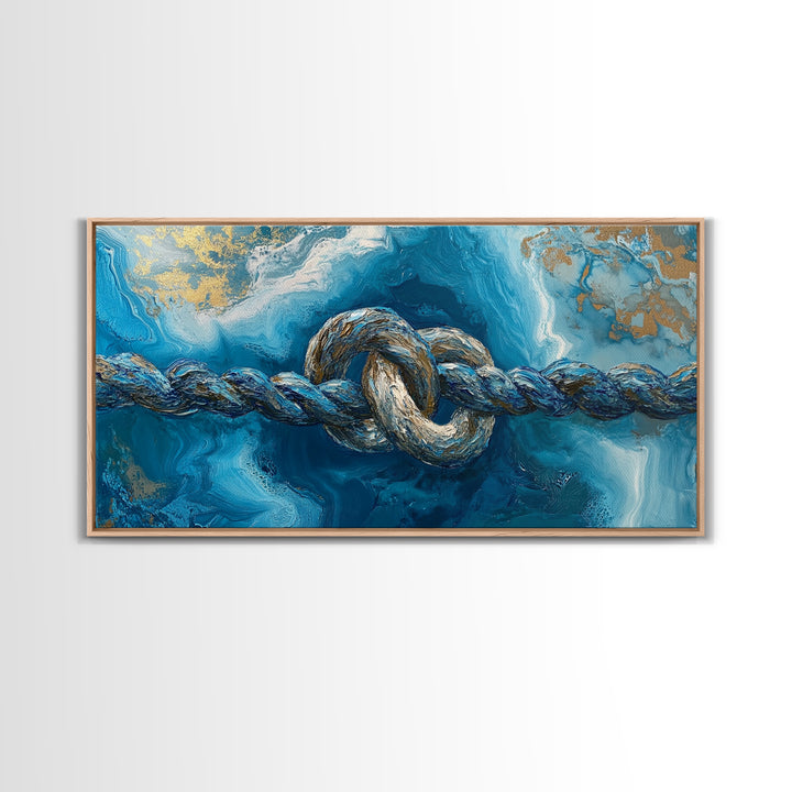 Ocean Rope, nautical decor, blue and gold wall art, coastal painting, seascape painting, horizontal wall art, Framed Canvas Print
