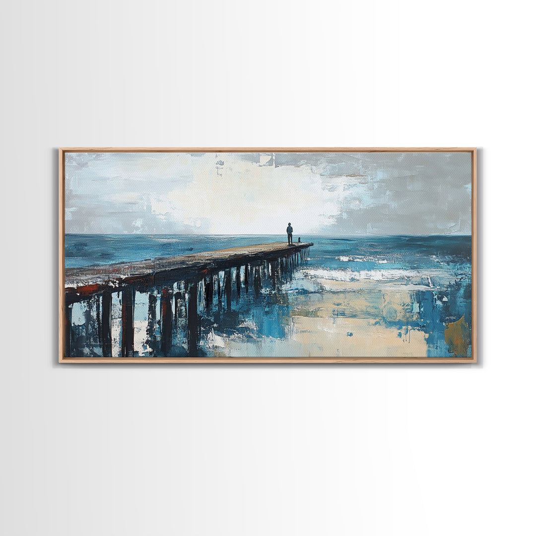 Pier at Dusk, moody art, coastal wall art, ocean painting, nautical painting, wabi sabi art, panoramic art, Canvas Print, seascape