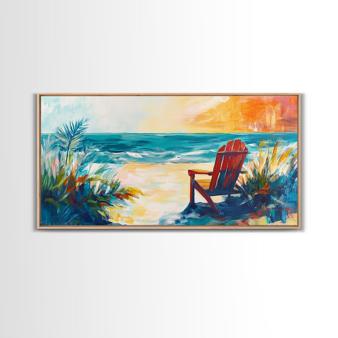 Beach Chair, Coastal Painting, Nautical Wall Art, Ocean Painting, Seascape Painting, Framed Canvas Print, Extra Wide Art, Coastal Decor