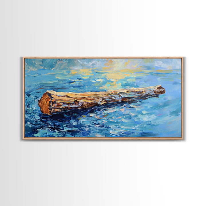 Drifting Log, rustic art, coastal painting, seascape painting, panoramic art, landscape painting, Framed Canvas Print,
