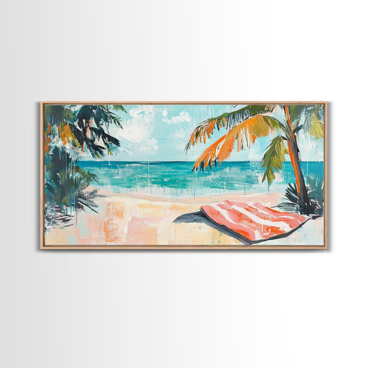 Palm Tree, Coastal Landscape Art, Tropical Beach Art, Nautical Decor, Ocean Painting, Framed Canvas Print, Extra Wide Art, Boho Art