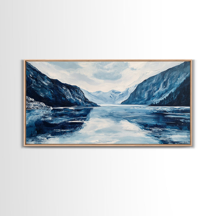 Blue and White Fjord, Lake Tahoe Art, Coastal Landscape Art, Extra Wide Art, Framed Canvas Print, Minimalist Art, Nautical Decor