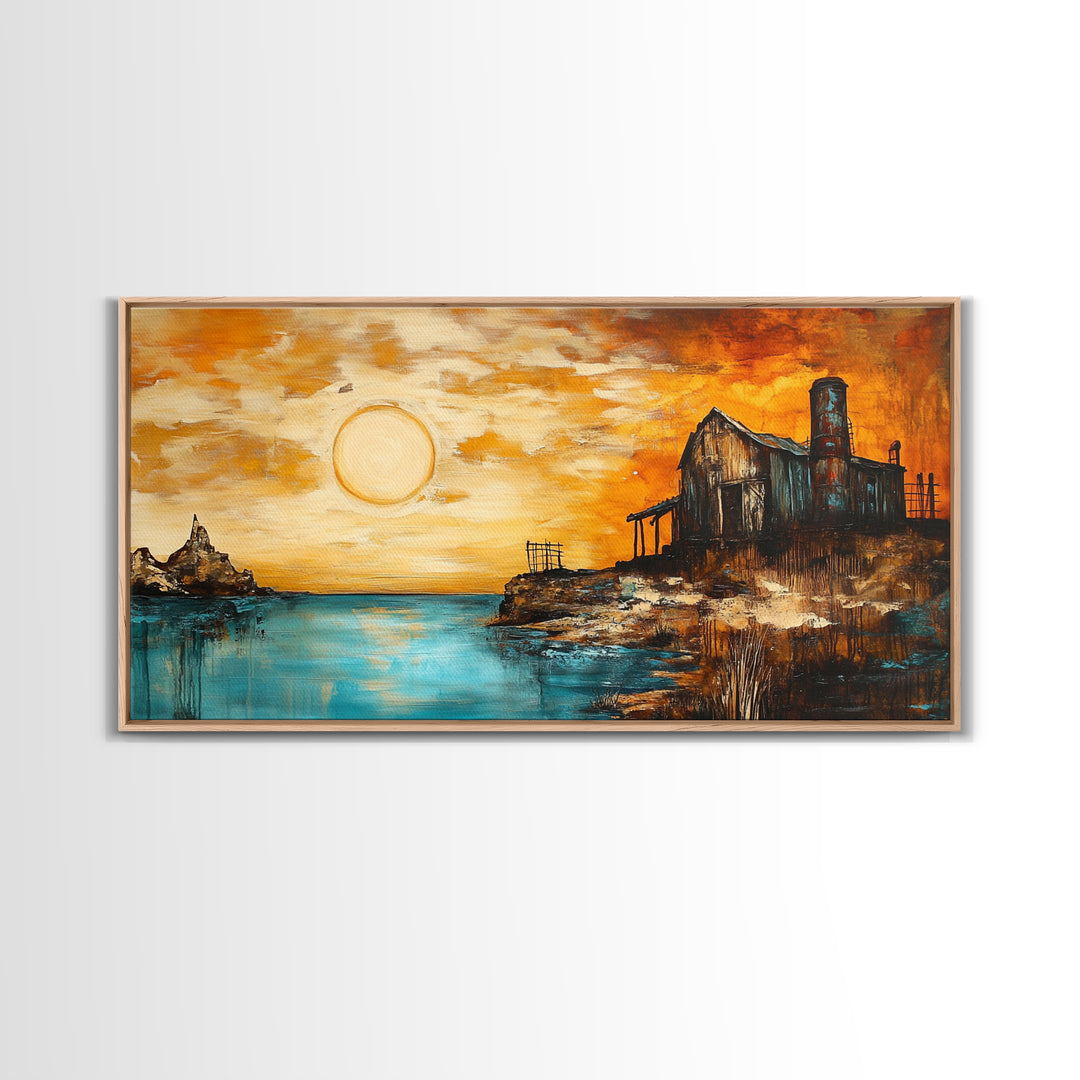 Rustic Barn, sunset painting, farmhouse art, rustic wall art, panoramic painting, framed canvas print, southwest wall art