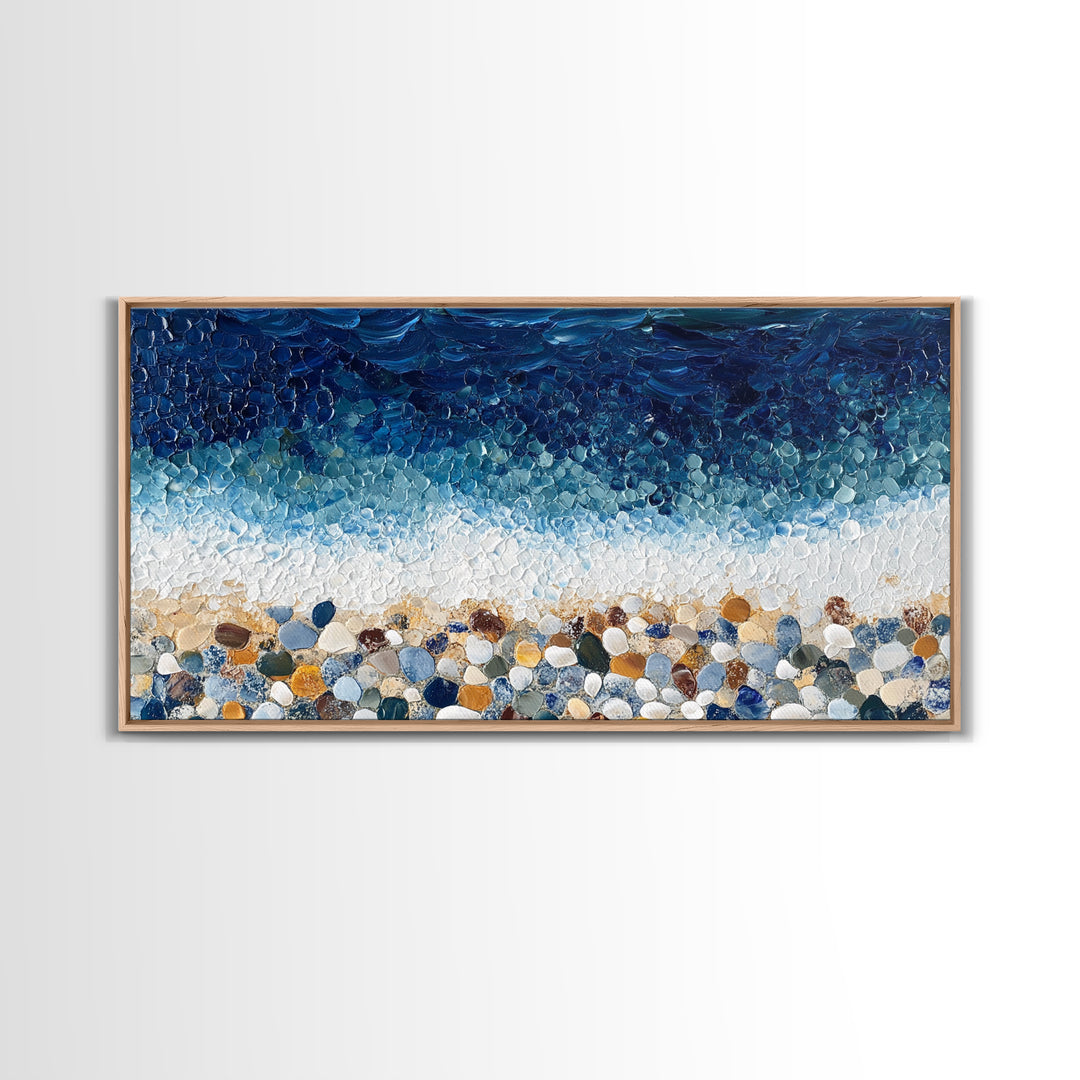 Pebble Beach, mosaic wall art, coastal decor, ocean painting, nautical decor, panoramic painting, framed canvas print