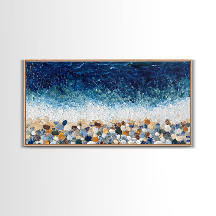 Pebble Beach, mosaic wall art, coastal decor, ocean painting, nautical decor, panoramic painting, framed canvas print