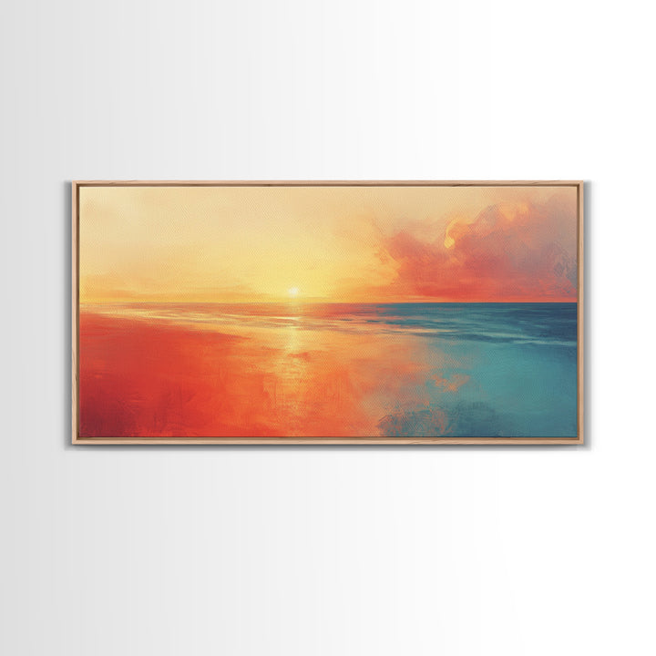 Sunset Ocean, pink orange wall art, coastal landscape art, moody art, extra wide art, panoramic painting, framed canvas print