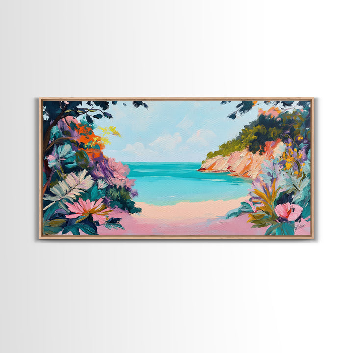 Tropical Beach, coastal wall art, Hawaii art, pink orange wall art, extra wide art, panoramic painting, framed canvas print