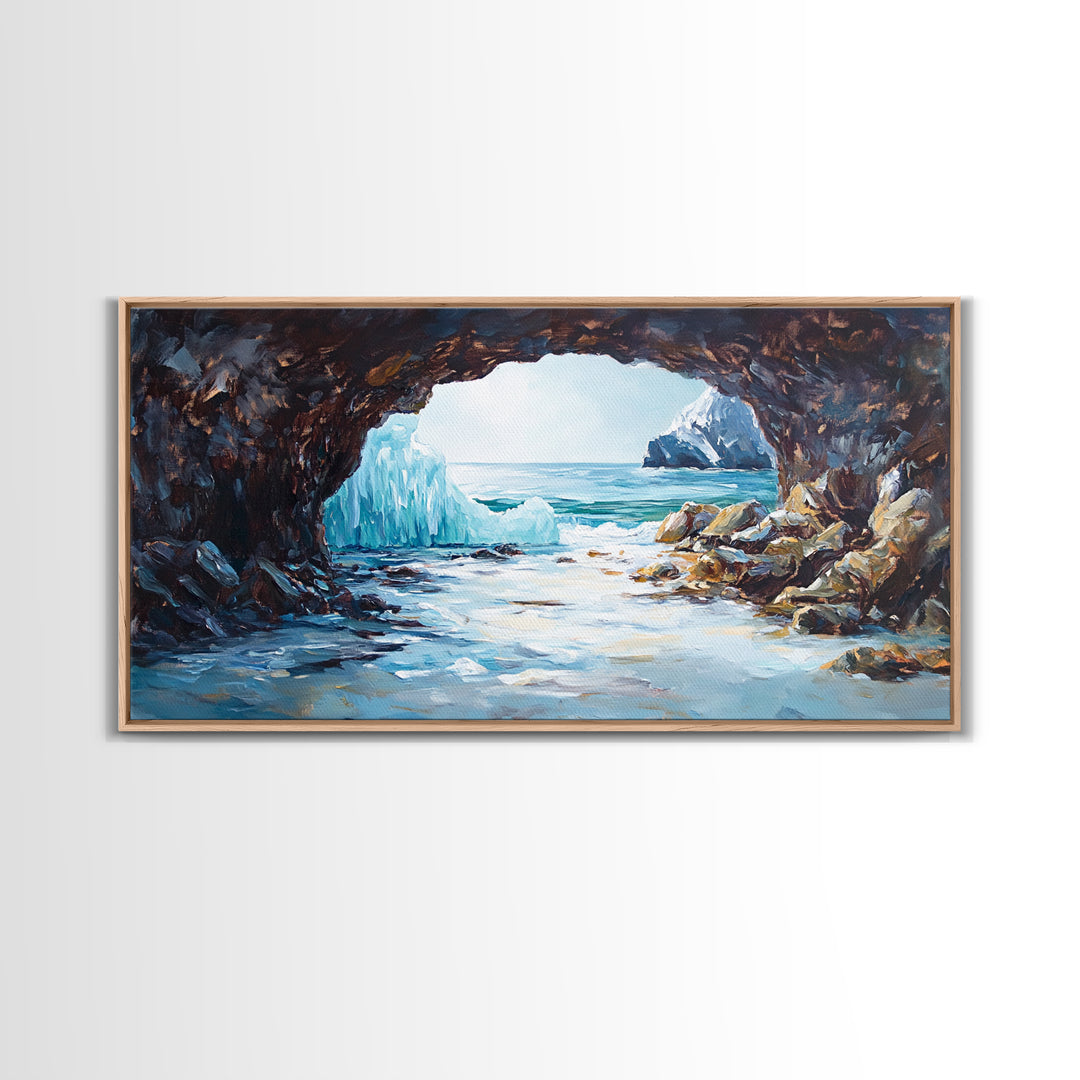 Coastal Ice Cave, Canvas Print, seascape painting, nautical decor, blue and green wall art, landscape painting, extra wide art