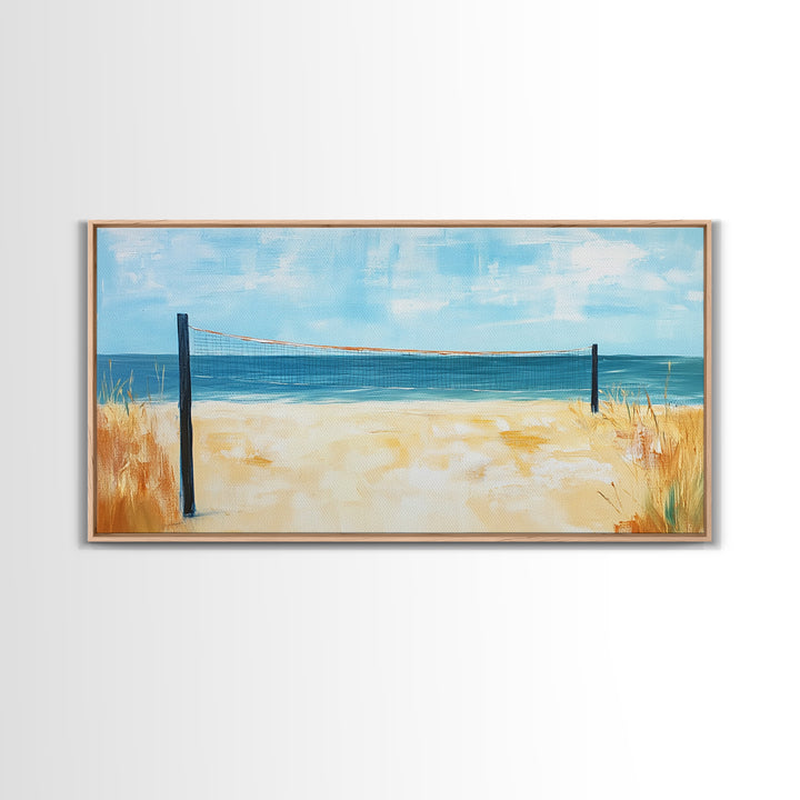 Beach Volleyball, Coastal Wall Art, Nautical Decor, Seascape Painting, Ocean Painting, Framed Canvas Print, Extra Wide Art, Boho Art
