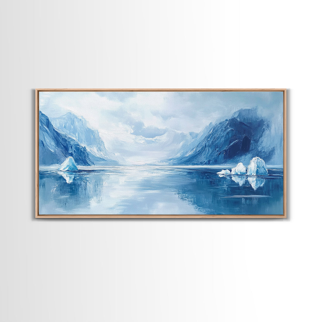Arctic Reflections, Canvas Print, landscape painting, nautical painting, blue and green wall art, extra wide art, minimalist art