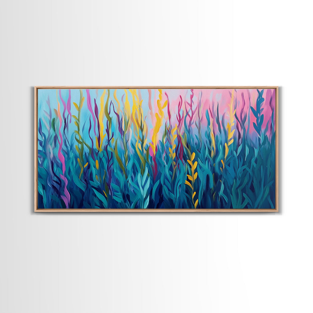 Abstract Seaweed, Framed Canvas Print, ocean art, botanical prints, teal wall art, pink abstract art, extra wide art, coastal decor
