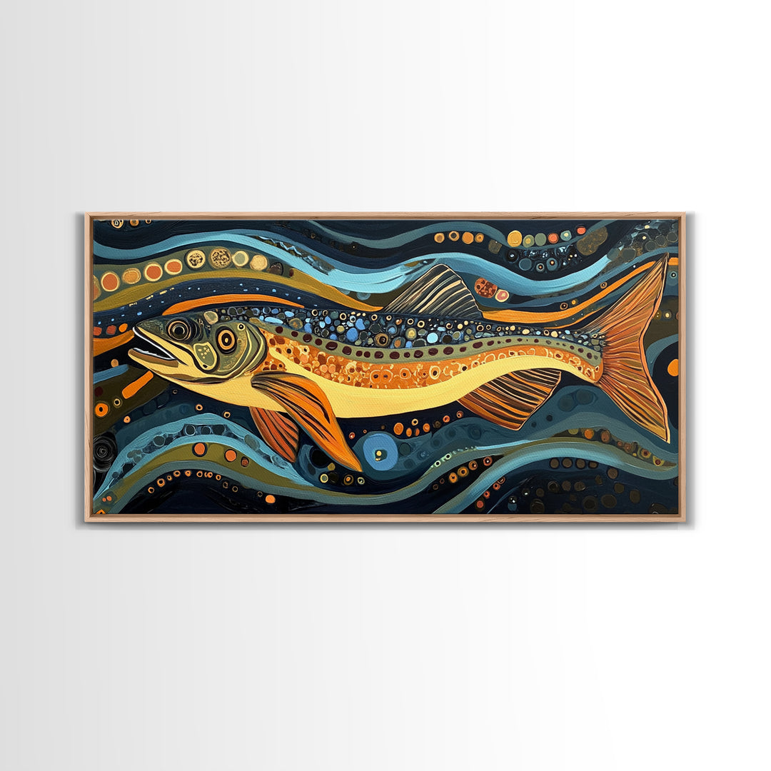 Abstract Trout Art, Fly Fishing Art, Rustic Wall Art, Whimsical Art, Framed Canvas Print, Tall Narrow Art, Living Room Art