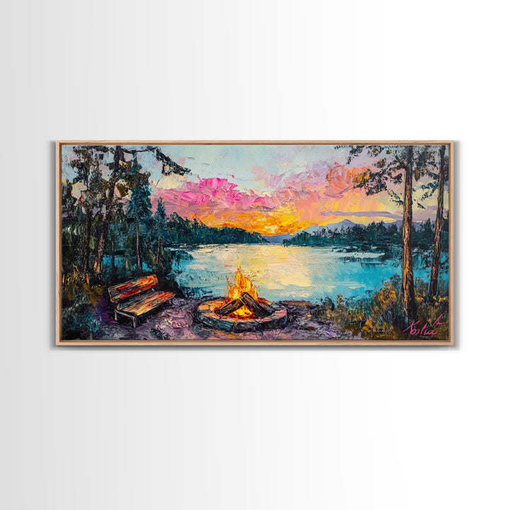 Campfire by Lake, Mountain Painting, Landscape Art, Moody Art, Framed Canvas Print, Above Sofa Art, Wabi Sabi Art, Rustic Decor