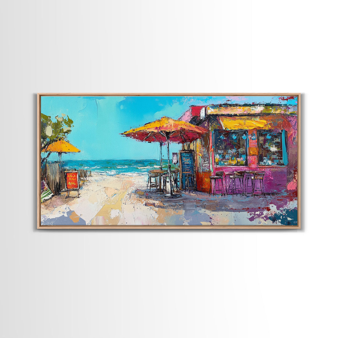 Beach Bar, Coastal Landscape Art, Tropical Art, Nautical Wall Art, Ocean Painting, Extra Wide Art, Framed Canvas Print, Rustic Wall Art