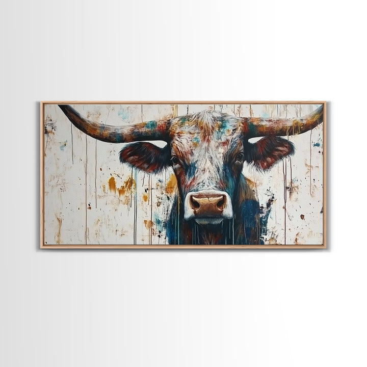 Bull Portrait, rustic decor, farmhouse art, bull and bear art, southwestern wall art, moody art, canvas print, extra wide art