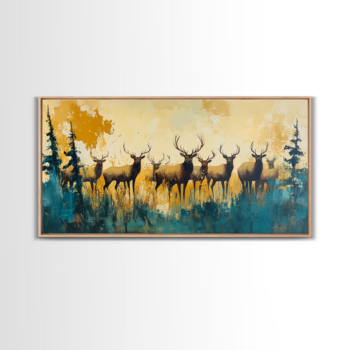 Deer Herd Painting, rustic wall art, farmhouse art, wildlife painting, nature painting, framed canvas print, woodland decor
