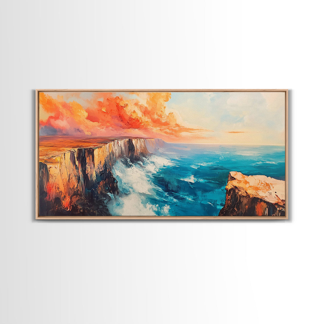 Coastal Cliffs Painting, landscape painting, seascape painting, blue and green wall art, framed canvas print, nautical wall art