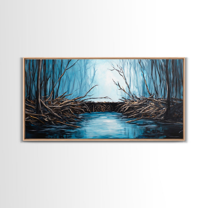 Beavers, river, landscape painting, extra wide art, panoramic painting, moody art, framed canvas print, rustic wall art, bedroom art