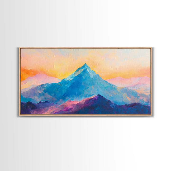 Blue Mountain, Sunset Landscape, Panoramic Art, Canvas Print, Mountain Painting, Pink Orange Wall Art, Extra Wide Art, Living Room Art
