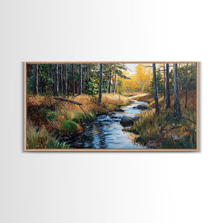Autumn Forest, Creek Painting, Panoramic Art, Framed Canvas Print, Pine Tree Art, Rustic Wall Art, Extra Wide Art, Fall Landscape Painting