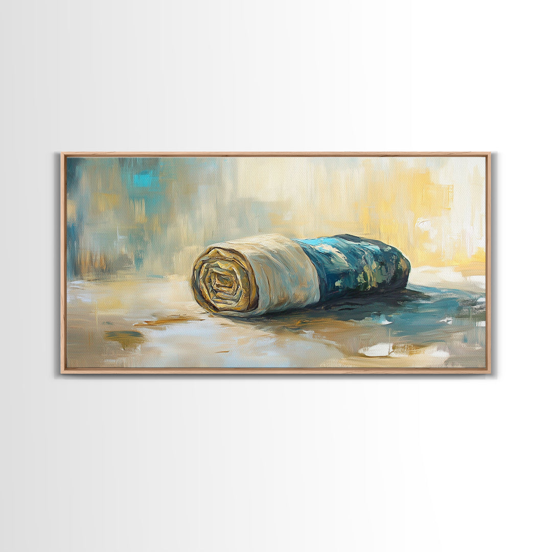 Rolled fabric, oil painting from photo, rustic decor, farmhouse art, wabi sabi art, framed canvas print, horizontal wall art, gift idea
