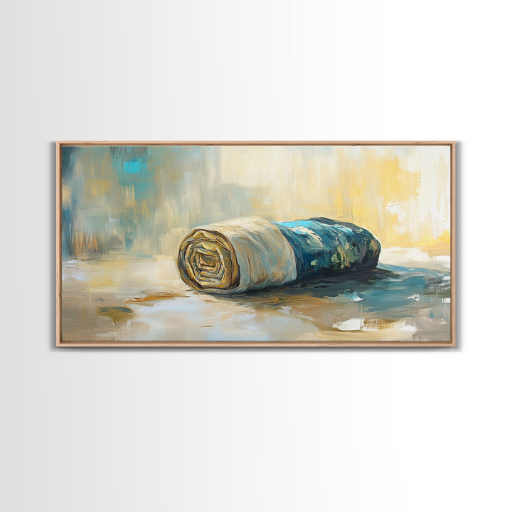 Rolled fabric, oil painting from photo, rustic decor, farmhouse art, wabi sabi art, framed canvas print, horizontal wall art, gift idea