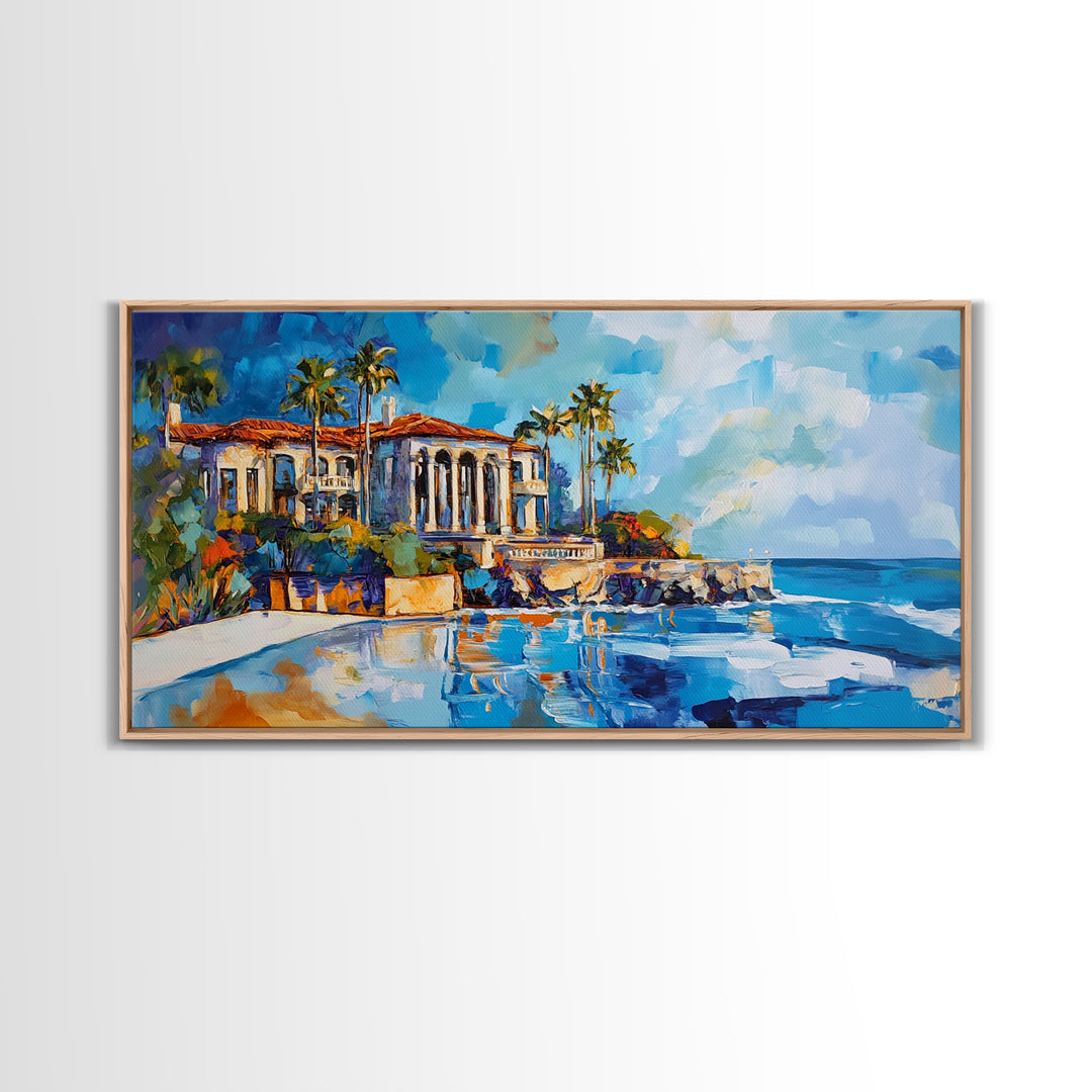 Coastal Mansion, Palm Trees, Panoramic Art, Framed Canvas Print, Coastal Landscape Art, Tropical Decor, Extra Wide Art, Living Room Art