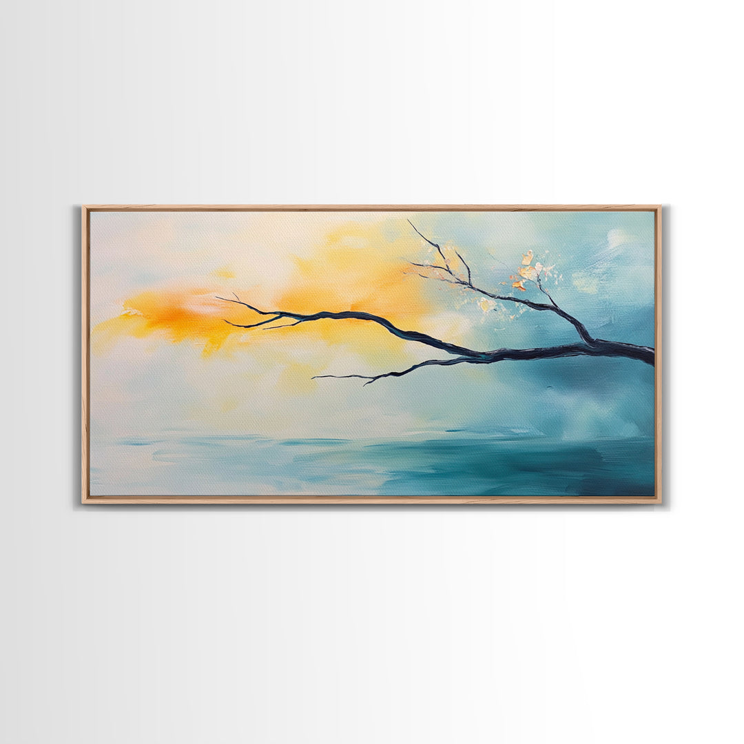 Cherry blossom painting, coastal decor, framed canvas print, minimalist art, abstract landscape, extra wide art, horizontal wall art