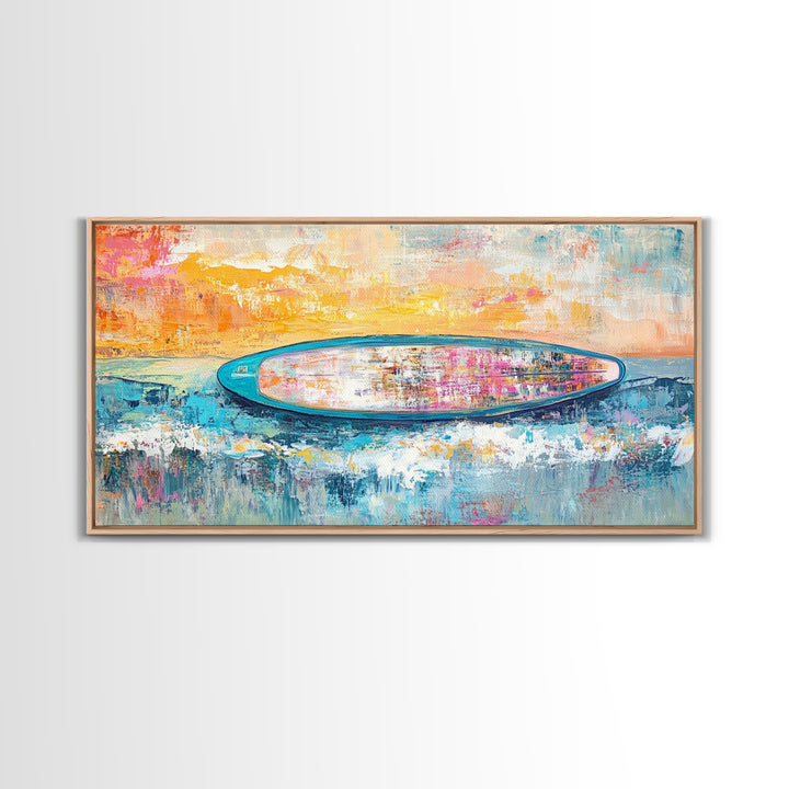 Coastal wall art, surf wall art, framed canvas print, extra wide art, nautical decor, vibrant painting, panoramic art, tropical art