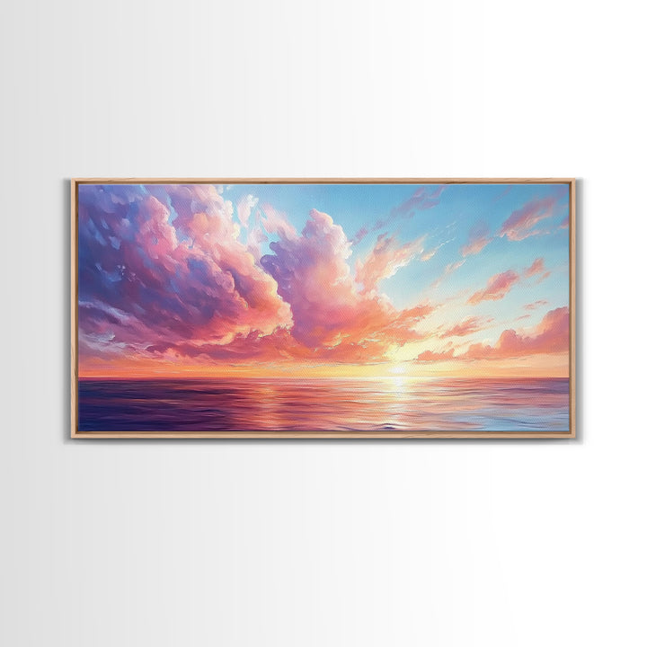 Seascape painting, framed canvas print, extra wide art, sunset painting, panoramic wall art, ocean waves, nautical wall art