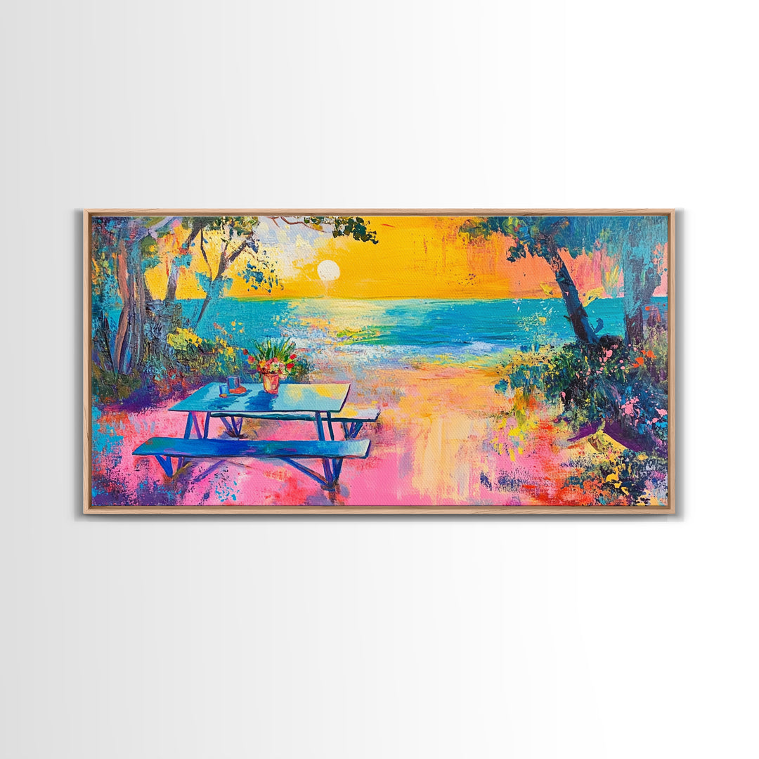 Coastal landscape art, framed canvas print, extra wide art, vibrant sunset painting, tropical beach decor, ocean waves, panoramic art