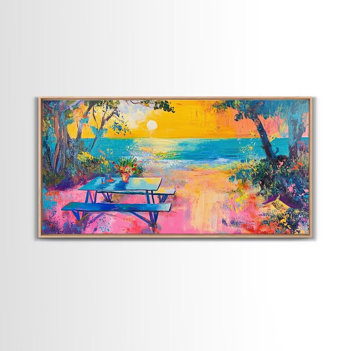 Coastal landscape art, framed canvas print, extra wide art, vibrant sunset painting, tropical beach decor, ocean waves, panoramic art