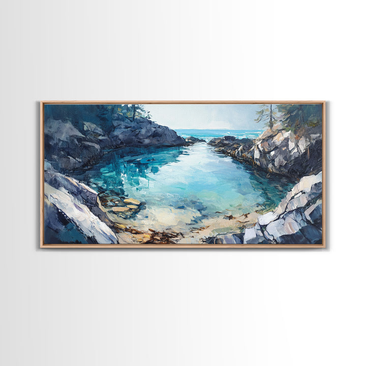 Rocky Coastal Cove, Maine oil painting, nautical decor, seascape painting, extra wide art, above bed wall art, Canvas Print