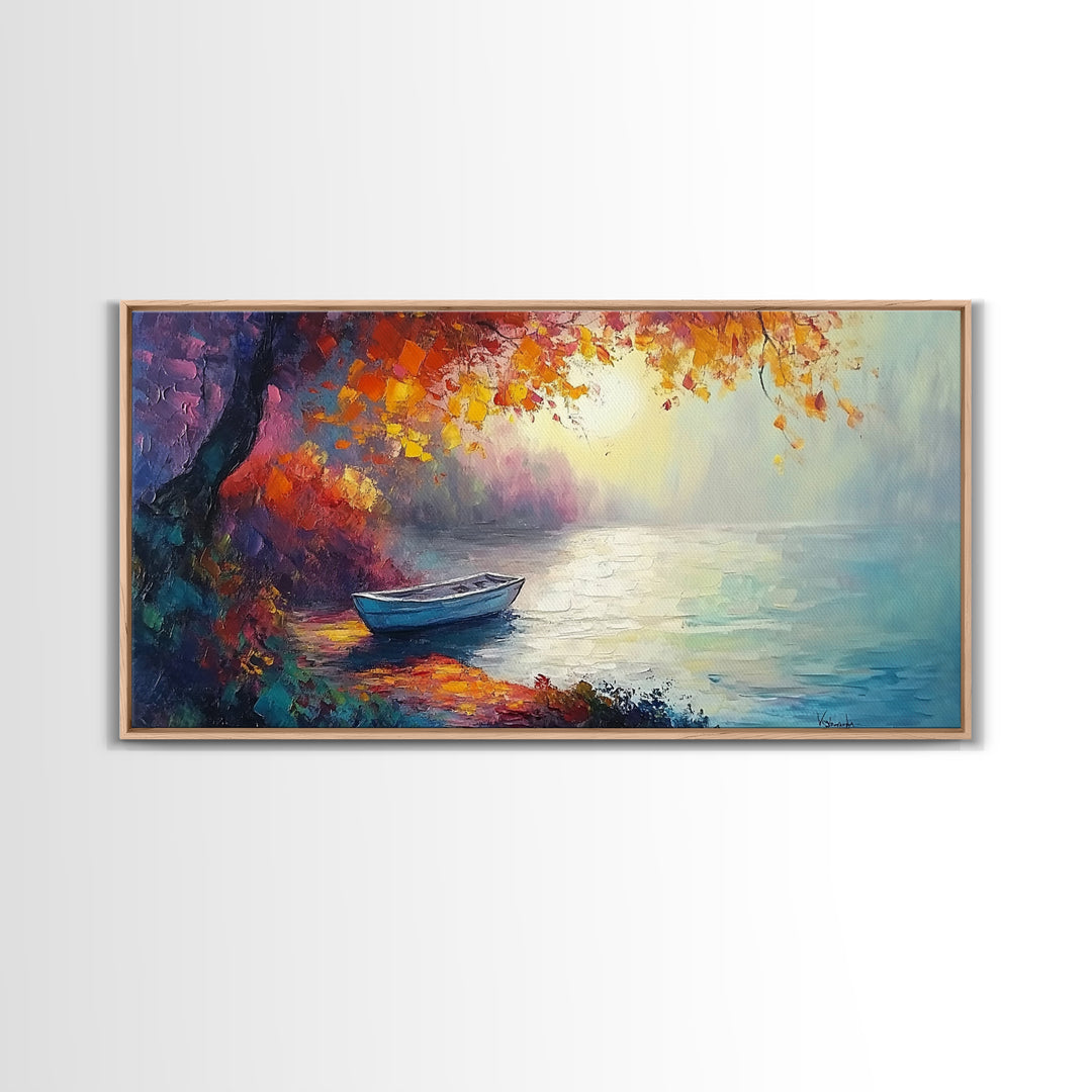 Autumn Lake Scene, landscape painting, fall wall art, framed canvas print, rustic decor, above sofa art, moody art, extra wide art