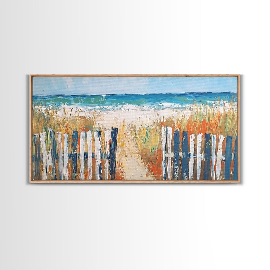 Beach Fence, coastal painting, framed canvas print, nautical decor, seascape painting, blue and green wall art, extra wide art