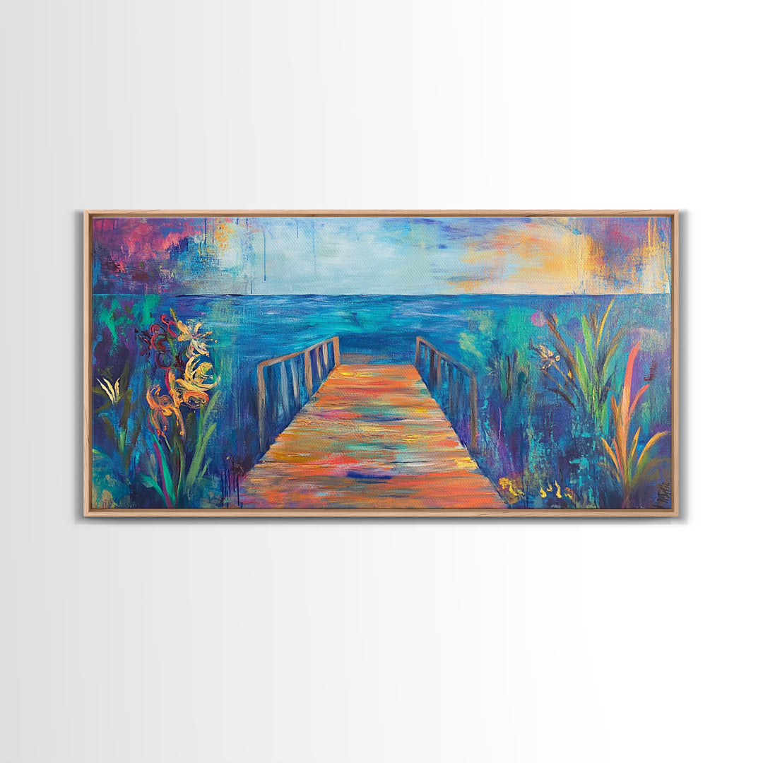 Dock, ocean sunset, coastal painting, coastal landscape art, nautical decor, seascape painting, framed canvas print, above bed wall art