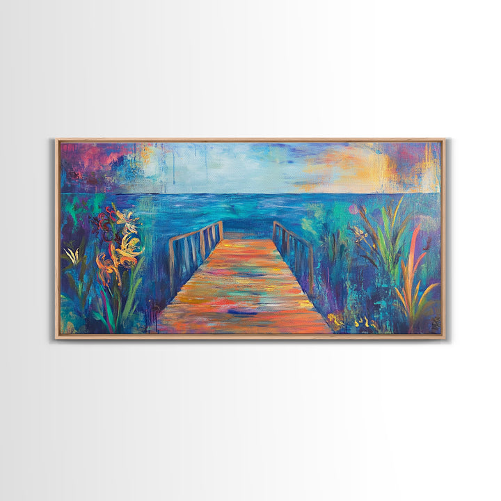 Dock, ocean sunset, coastal painting, coastal landscape art, nautical decor, seascape painting, framed canvas print, above bed wall art