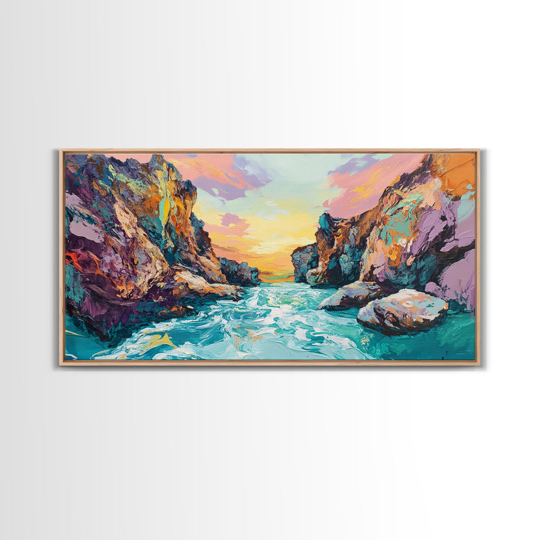 Coastal Canyon Sunset, panoramic painting, extra wide art, framed canvas print, seascape painting, southwest wall art