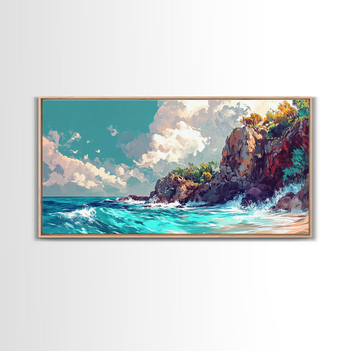 Rocky Cliff Beach, coastal landscape art, framed canvas print, seascape painting, nautical decor, extra wide art, above couch art