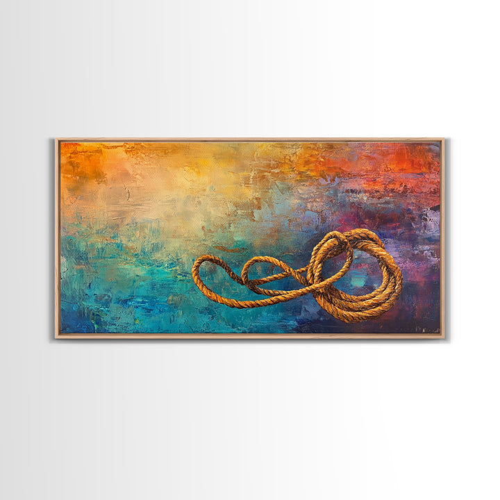 Abstract Rope, warm tones, infinity knot, rustic decor, textured art, extra wide art, Framed Canvas Print, nautical painting