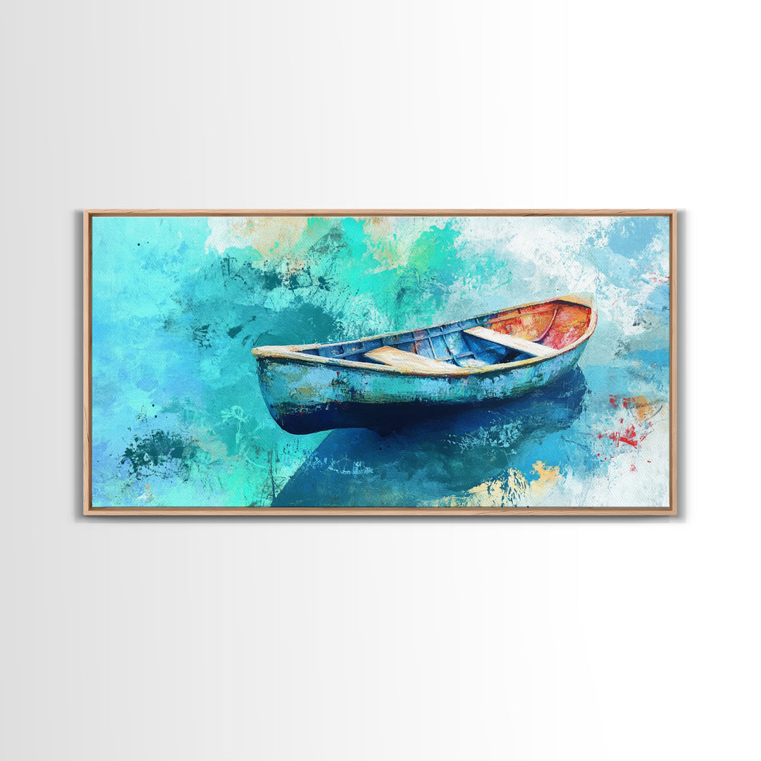 Floating Boat, teal watercolor, impressionist seascape, peaceful ocean, nautical painting, Canvas Print, coastal decor, rustic art