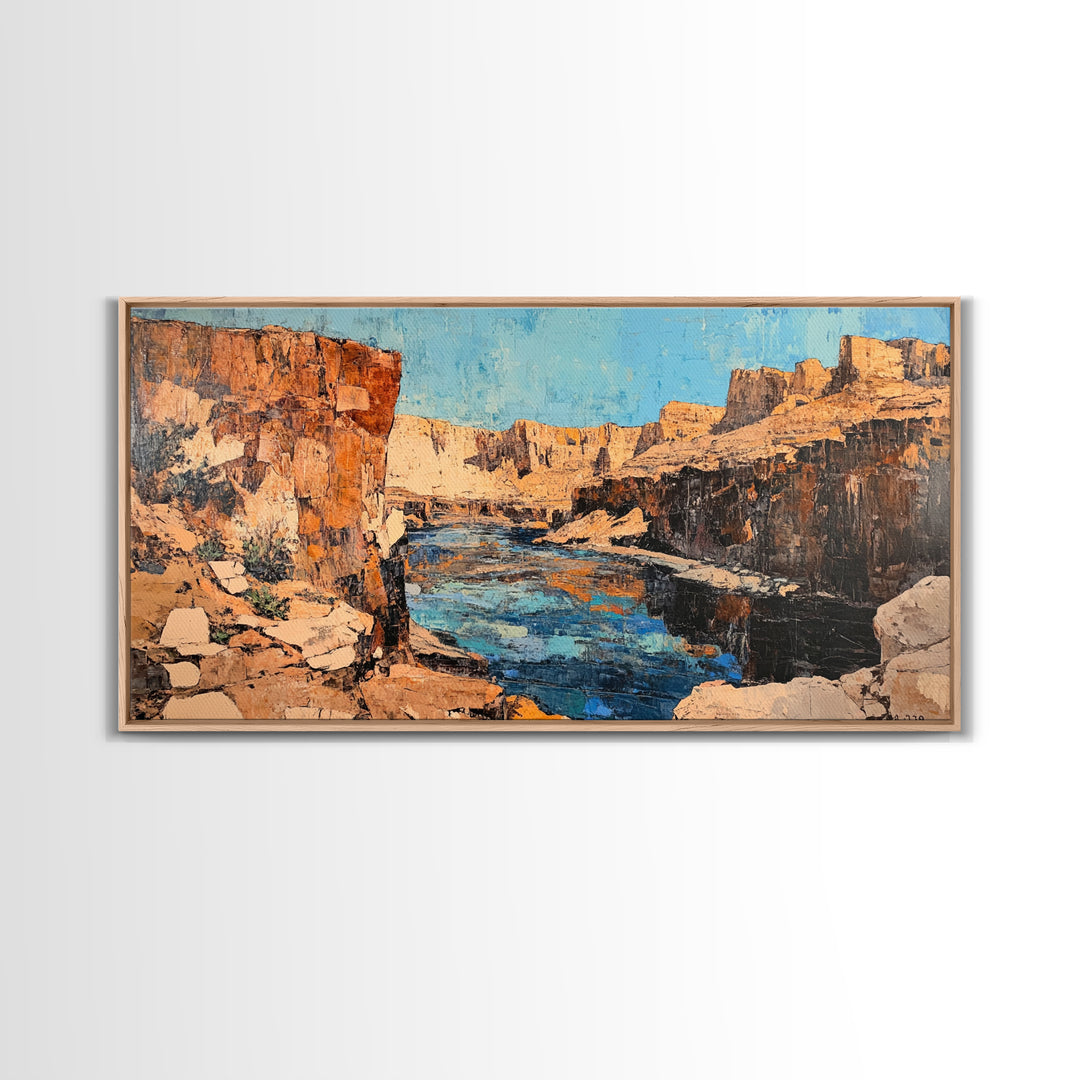 Canyon River, southwest landscape, desert cliffs, textured painting, extra wide art, panoramic art, Framed Canvas Print, rustic decor