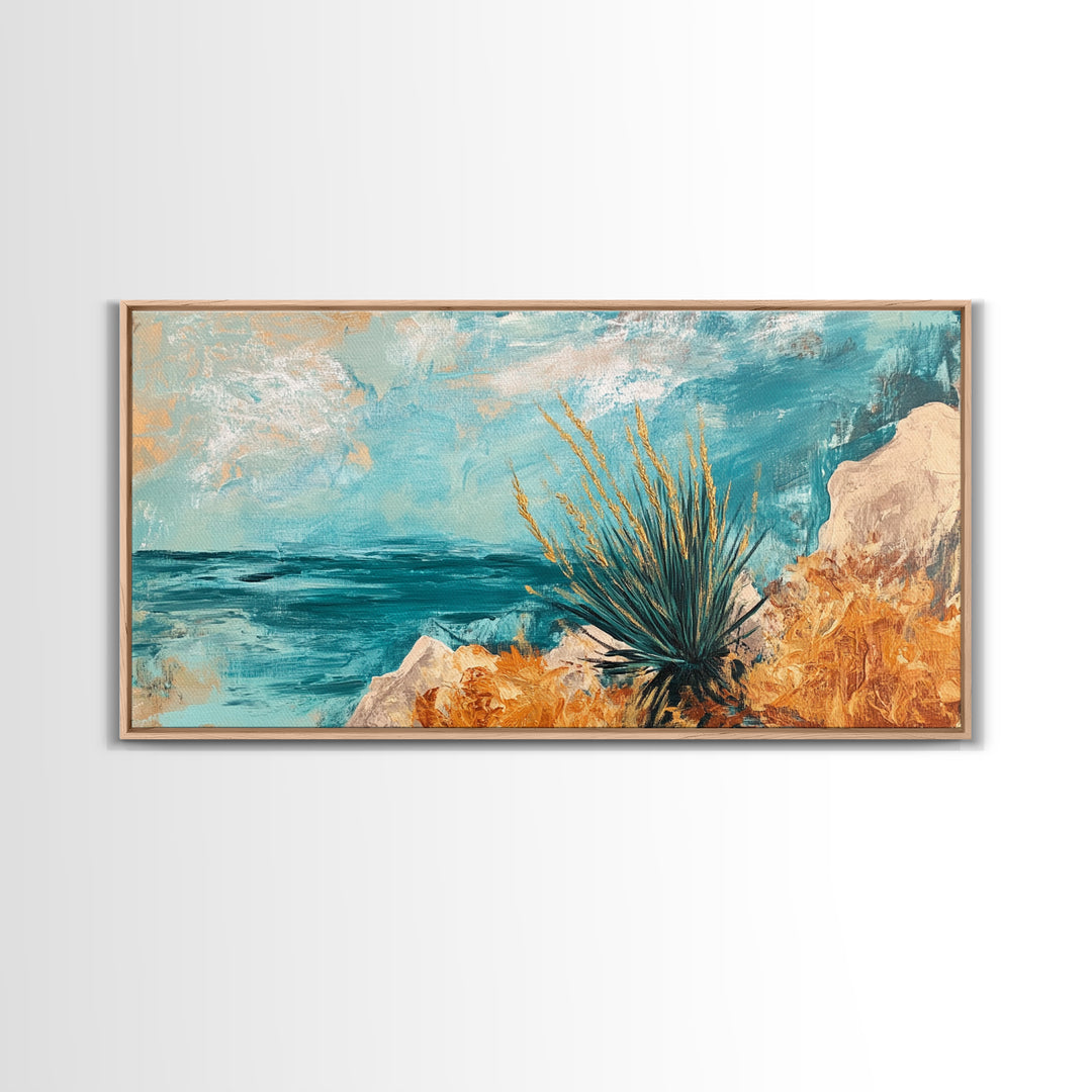 Coastal Desert Painting, agave painting, southwest wall art, Joshua tree art, coastal landscape art, Framed Canvas Print