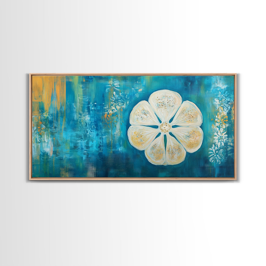 Abstract Floral, Botanical Prints, Coastal Landscape Art, Wabi Sabi Art, Framed Canvas Print, Extra Wide Art, Blue and Gold Wall Art