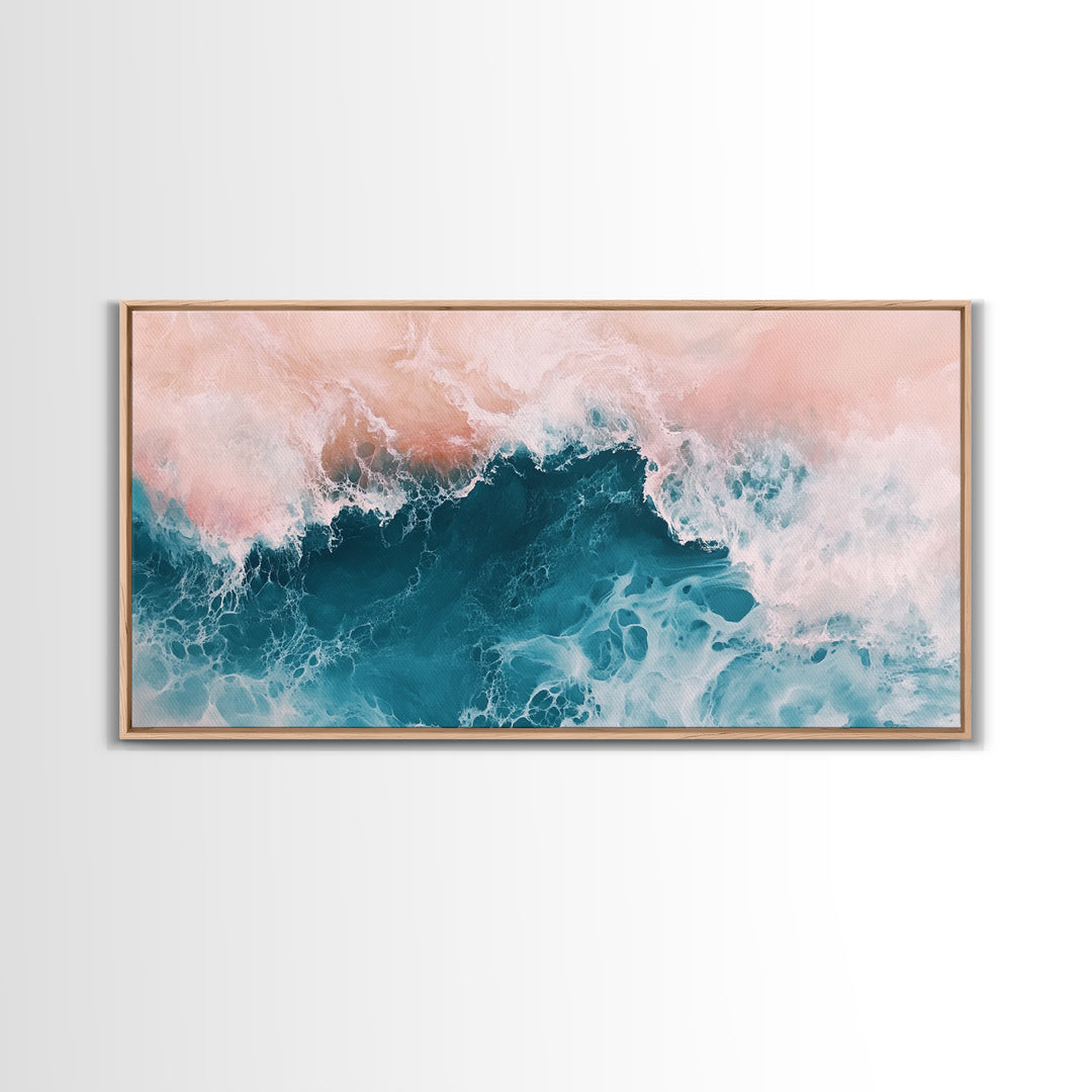 Abstract Ocean, Coastal Landscape Art, Nautical Wall Art, Framed Canvas Print, Teal and Pink Art, Surf Inspired Artwork
