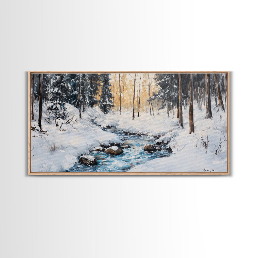 Birch Tree Painting, Snowy River Art, Winter Landscape, Framed Canvas Print, Farmhouse Art, Wabi Sabi Art, Tall Narrow Art