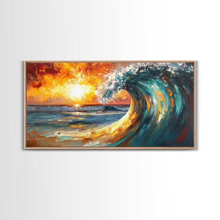 Ocean wave, sunset surf, seascape painting, framed canvas print, surf wall art, nautical painting, coastal decor